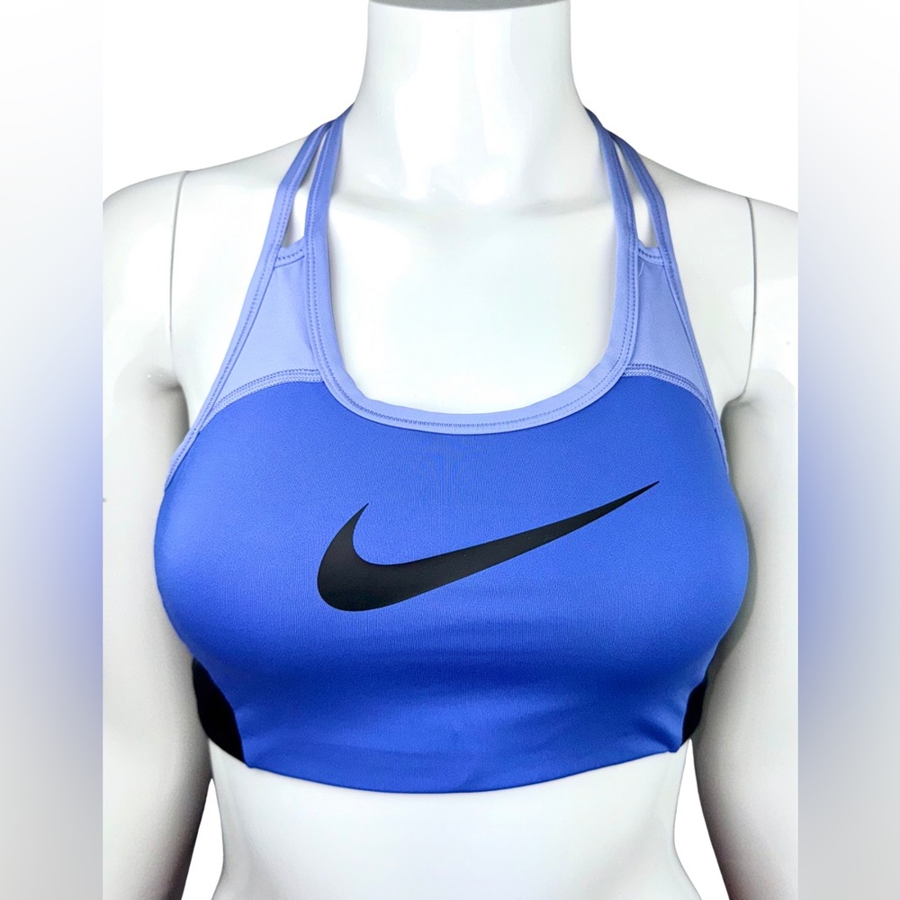 Nike Dri-FIT Swoosh Medium Support Sports Bra Blue Purple Black | Size M